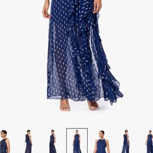 Betsy & Adam Navy Maxi Dress with White Dot Ruffle